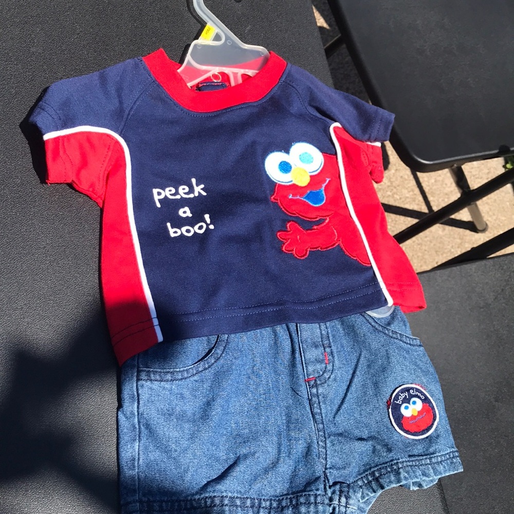 elmo baby set shirt and jean shorts